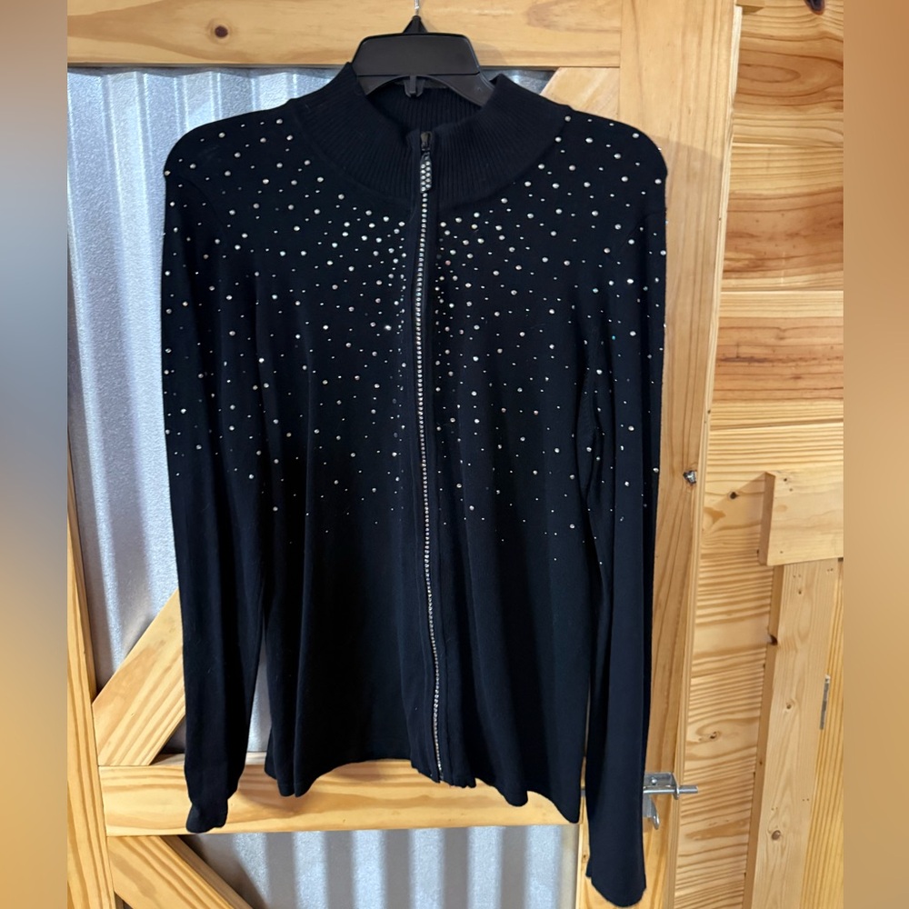 Fontana Women’s Black Rhinestone Studded Zip up Cardigan Sweater. Size Large
